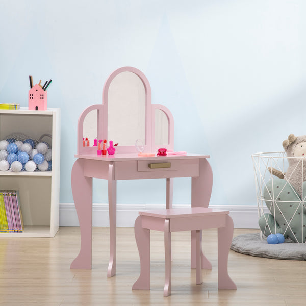 Dressing table and chairs set with drawer, pink