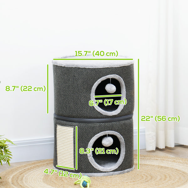 Two-story cat tree with perch, two hiding places, scratching post, cushions, play balls, dark gray