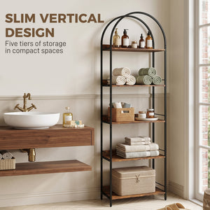 5-tier arched bookshelf with metal frame – Rustic brown and black
