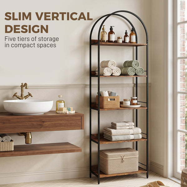 5-tier arched bookshelf with metal frame – Rustic brown and black