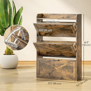 Farmhouse Style Shoe Cabinet with 3 Drop-Down Drawers and Adjustable Shelves, Rustic Brown