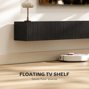 Floating wall-mounted TV unit for TVs up to 72 inches with 2 fluted drop-down doors, black