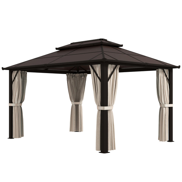 10' x 13' Hardtop Gazebo with UPF30+ Polycarbonate Double Roof, Aluminum Frame, Netting &amp; Curtains, Beige
