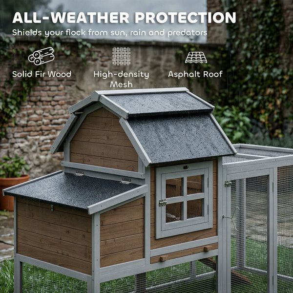 Wooden chicken coop with run, removable tray, nest box and waterproof asphalt roof