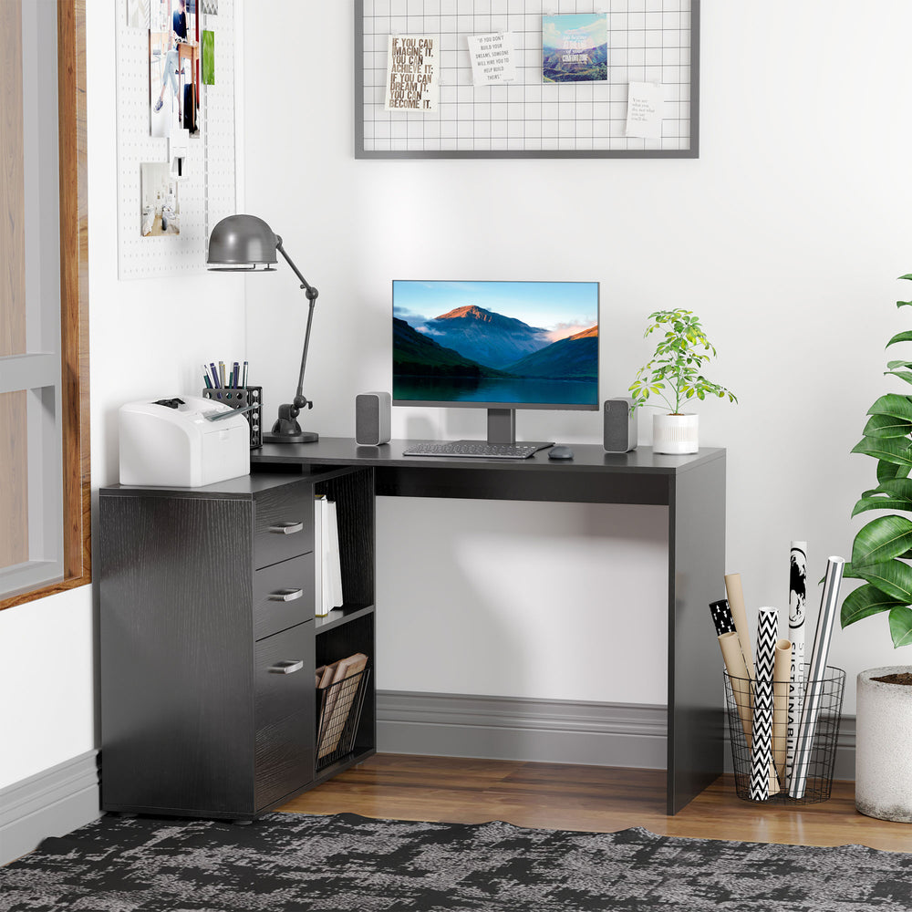 Right-Angle Desk with Storage Shelf, Black