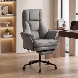 Ergonomic office chair with footrest, flip-up armrests, and 135° reclining backrest, gray