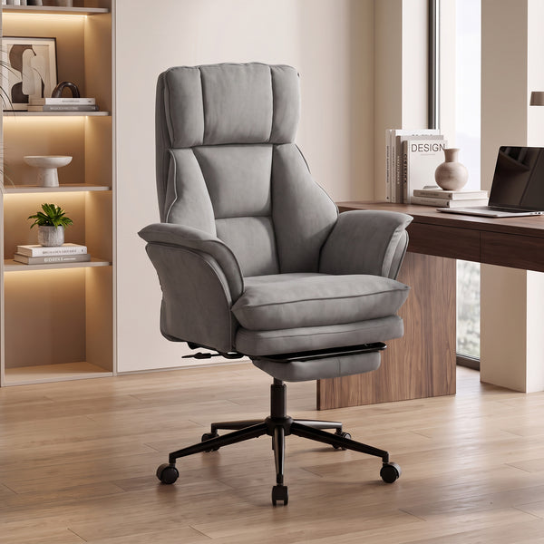 Ergonomic office chair with footrest, flip-up armrests, and 135° reclining backrest, gray