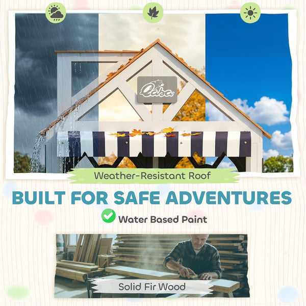 Wooden playhouse for children with cat flap, kitchen utensils, blackboard, bench, and doorbell