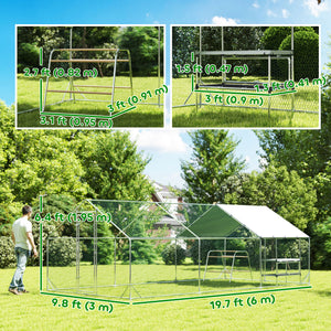 Metal chicken coop with waterproof tarp, nesting box, and perches