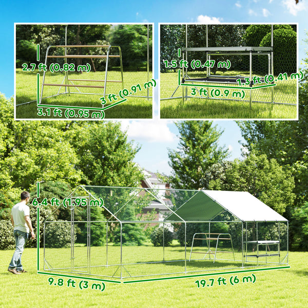 Metal chicken coop with waterproof tarp, nesting box, and perches