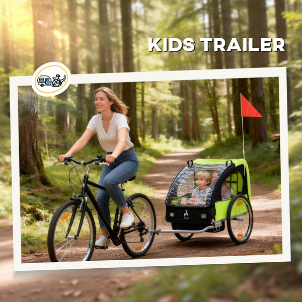 2-seater bicycle trailer with 5-point safety harness and comfortable seat, green