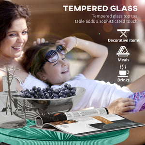 Rattan Side Table, Round Outdoor Table, with Round PE Rattan and Tempered Glass Table Top for Patio, Garden, Light Green