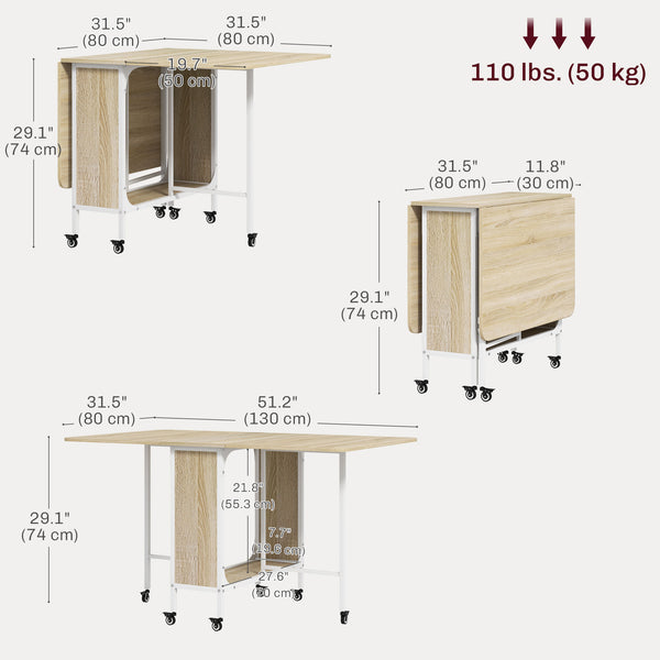 Extendable Folding Dining Table for Small Spaces, 6 Casters, Natural Wood