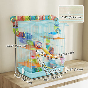 5-Level Hamster Cage for Small Animals with Tunnel System, Exercise Wheel, Water Bottle, Light Blue