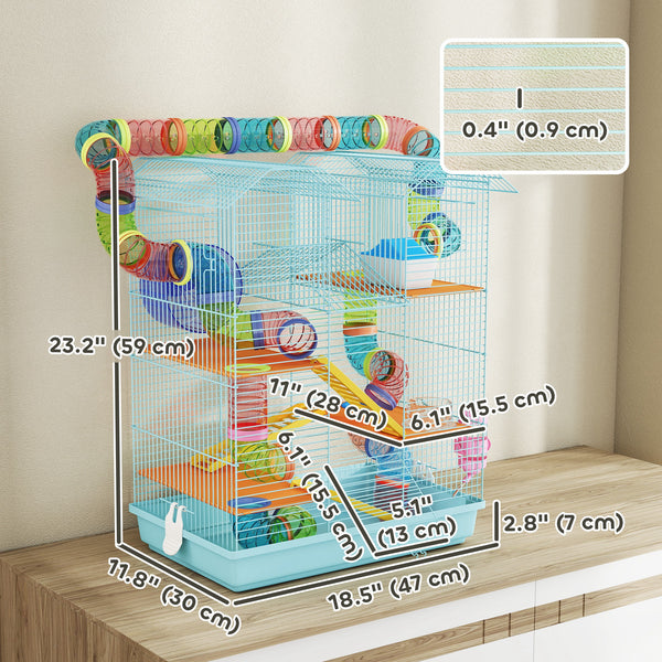 5-Level Hamster Cage for Small Animals with Tunnel System, Exercise Wheel, Water Bottle, Light Blue
