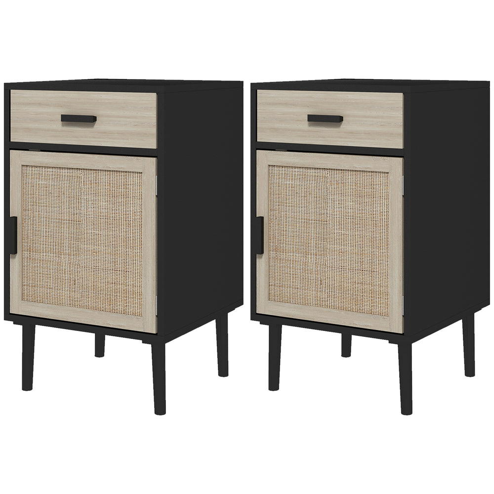 Set of 2 bohemian bedside tables with drawer and cabinet, black