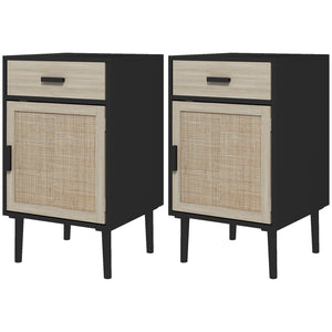 Set of 2 bohemian bedside tables with drawer and cabinet, black