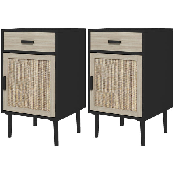 Set of 2 bohemian bedside tables with drawer and cabinet, black