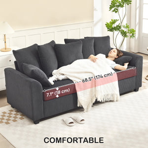 3-seater corduroy sofa with curved armrests and 8 removable cushions, dark grey