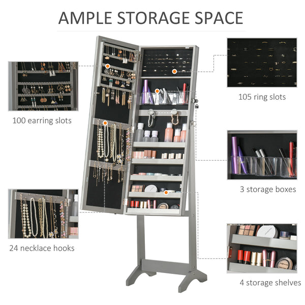 Lockable jewelry cabinet with LED lighting, standing mirror, gray