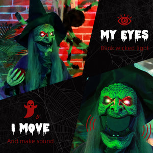 5.9ft Life-Size Old Witch Decoration, Sound &amp; Motion Activated with Light-Up Eyes