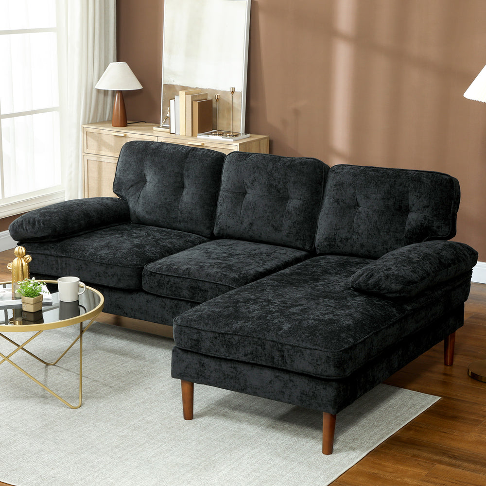 Modern corner sofa with right chaise longue, 3 seater upholstered with wooden legs, black