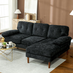Modern corner sofa with right chaise longue, 3 seater upholstered with wooden legs, black