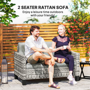 Two-seater outdoor rattan sofa with cushions and armrests, dark grey