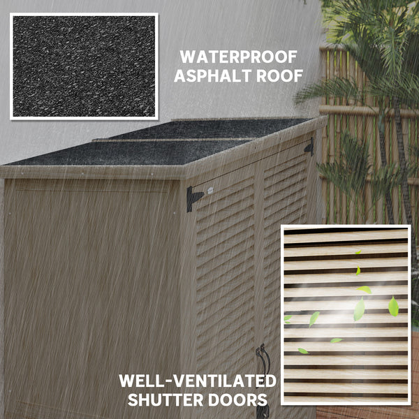 Wooden garden shed with waterproof asphalt roof, shelves, natural color