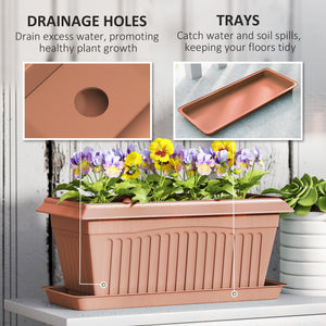 Set of 7 plastic flower pots with drainage holes and saucers, brown