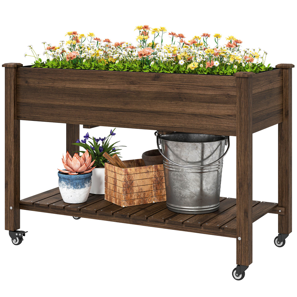 Raised wooden planter with lockable casters and storage shelf