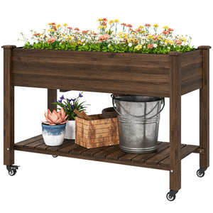 Raised wooden planter with lockable casters and storage shelf