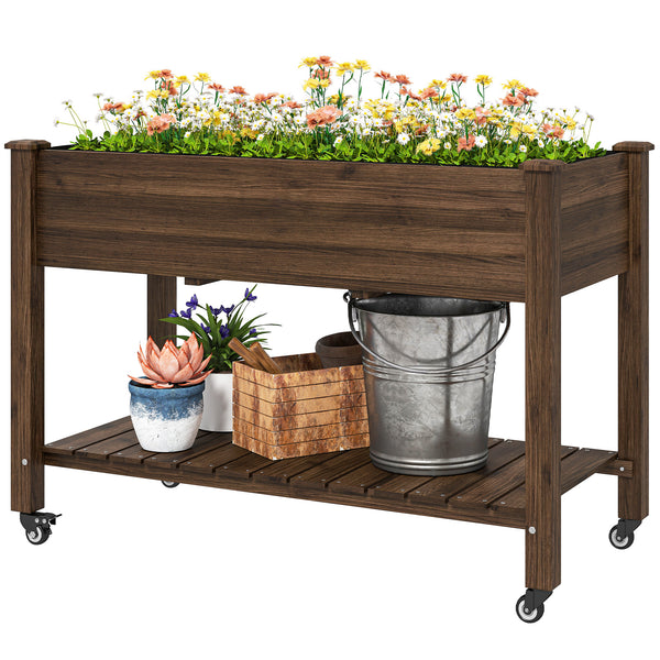 Raised wooden planter with lockable casters and storage shelf