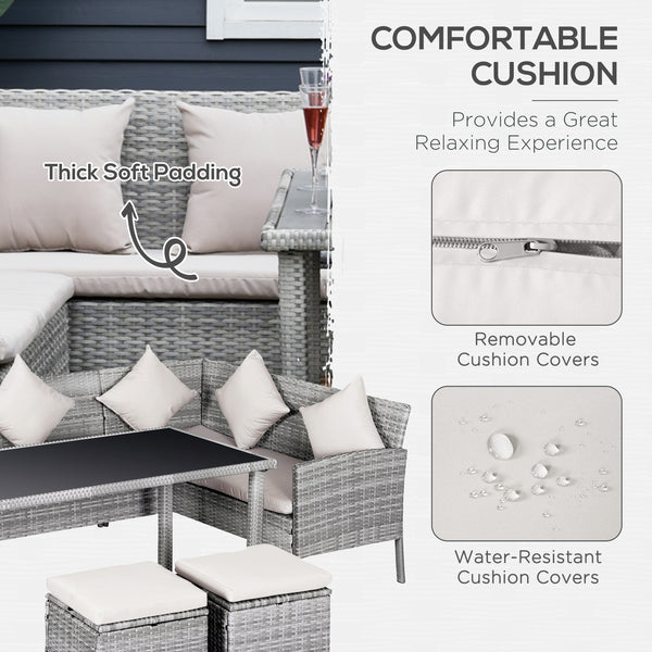 5-piece furniture set in woven resin with cushions, table and poufs, cream white
