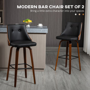 Set of 2 bar stools upholstered in faux leather with solid wood legs