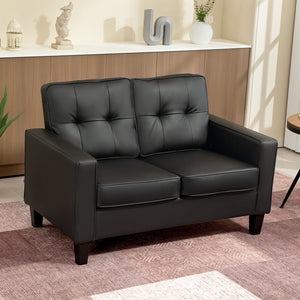 Double Upholstered Faux Leather Loveseat with Armrests, Black