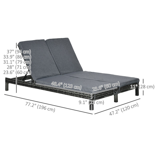 Double wicker chaise longue with adjustable backrest and cushions, black and grey