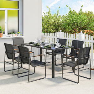 7-piece outdoor dining set for 6 people, glass table and chairs with decorative armrests, weather-resistant mesh fabric, black 