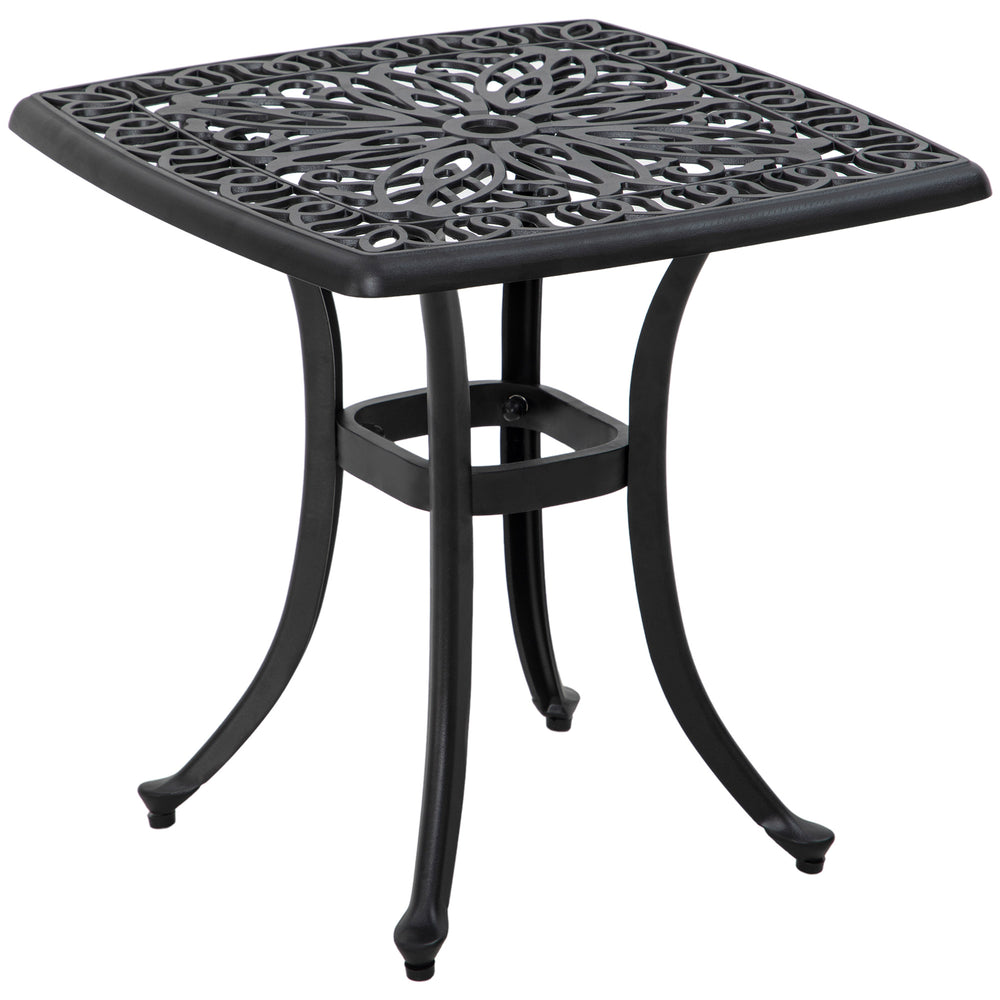 21" Square Outdoor End Table, Cast Aluminum Patio Side Table with Umbrella Hole for Garden, Balcony, Poolside, Black