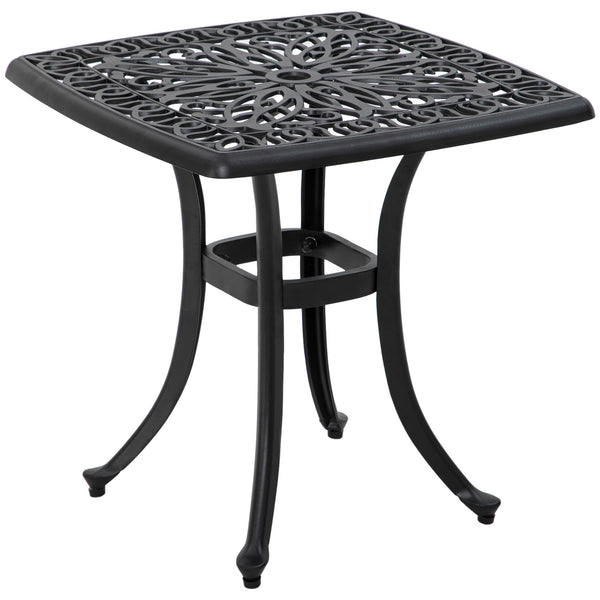21" Square Outdoor End Table, Cast Aluminum Patio Side Table with Umbrella Hole for Garden, Balcony, Poolside, Black