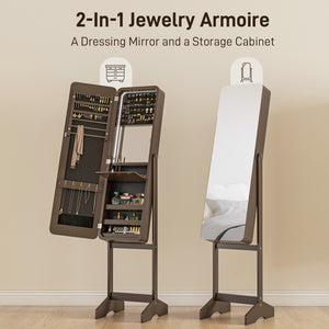 Standing jewelry cabinet with mirror, LED lighting, brown