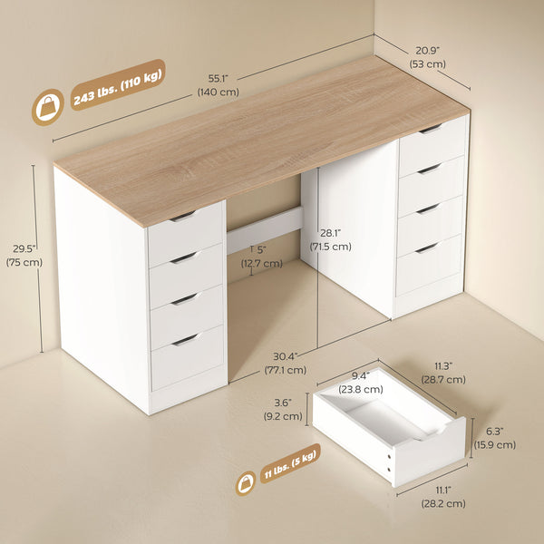 Modern 8-Drawer Desk for Office or Living Room, White