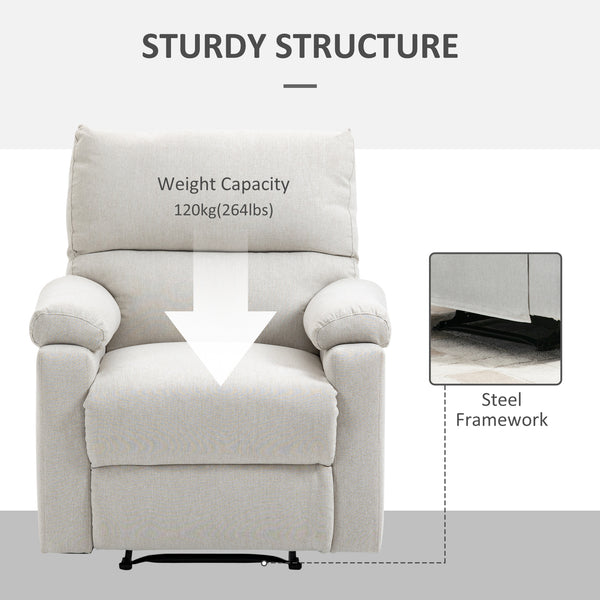 Manual recliner chair with footrest and upholstered seat, cream white