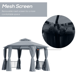 13 ft hexagonal gazebo with mosquito netting and shade curtains, grey