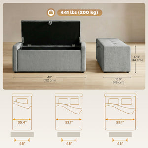 Storage ottoman bench, linen-look fabric upholstery, wide padded seat, light grey