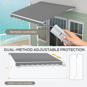 10'x8' Electric Retractable Awning with Remote Controller, Crank Handle, Aluminum Frame for Deck Balcony, Light Grey