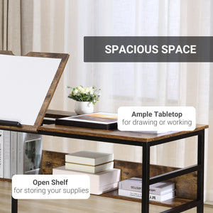 Adjustable Drafting Table with Tilting Top and Storage Shelf, Rustic Brown