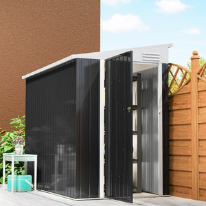 Lean-to metal garden shed with lockable door and ventilation, dark grey
