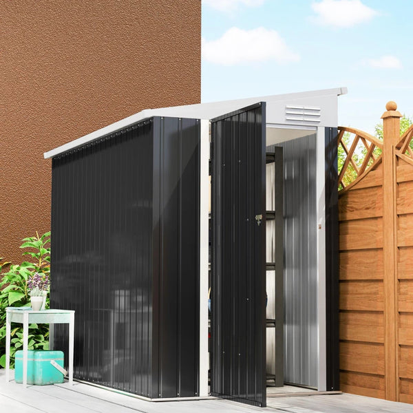 Lean-to metal garden shed with lockable door and ventilation, dark grey