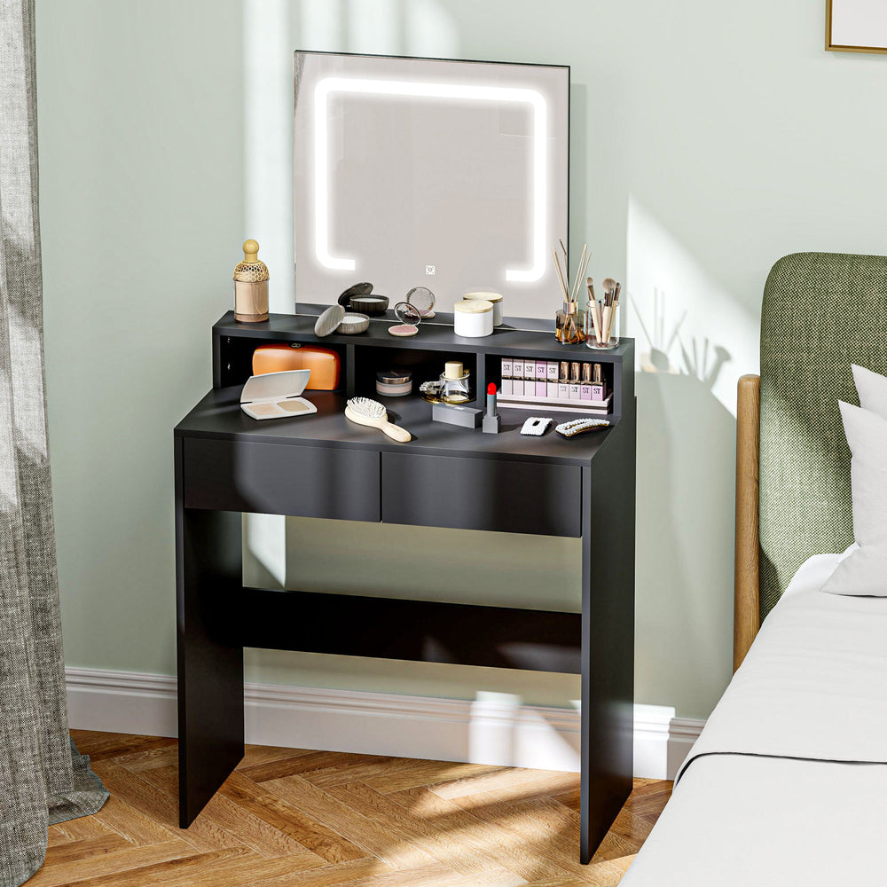 Dressing table with LED lighting, drawers and compartments, black